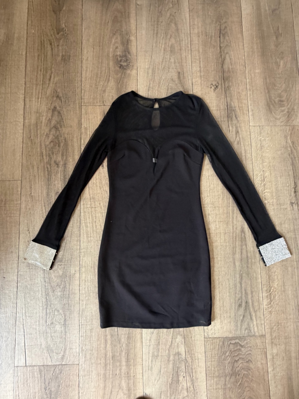 Slim Long-Sleeve Black Dress with Sparkle Cuffs